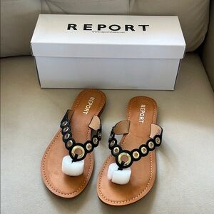 Report Black and Tan Sandals with Gold Accents new in box
